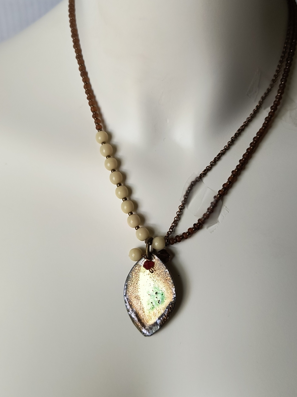 Handcrafted Brown & Cream Beaded Necklace with Iridescent Leaf Pendant
